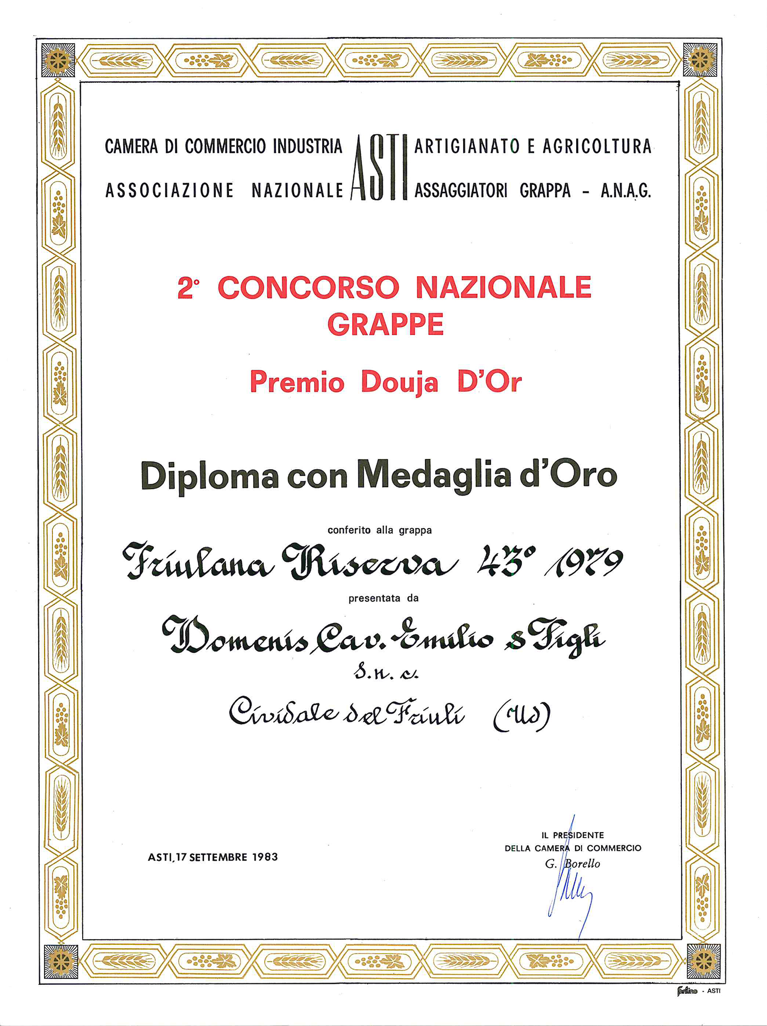 Premio Douja d’Or 1983 – Grappa Friulana Riserva 43° 1979