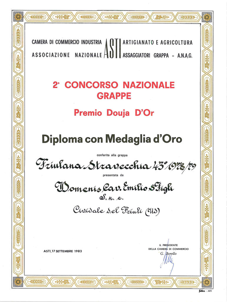 Premio Douja d'Or 1983 - Grappa Friulana Stravecchia 43° 1978-79