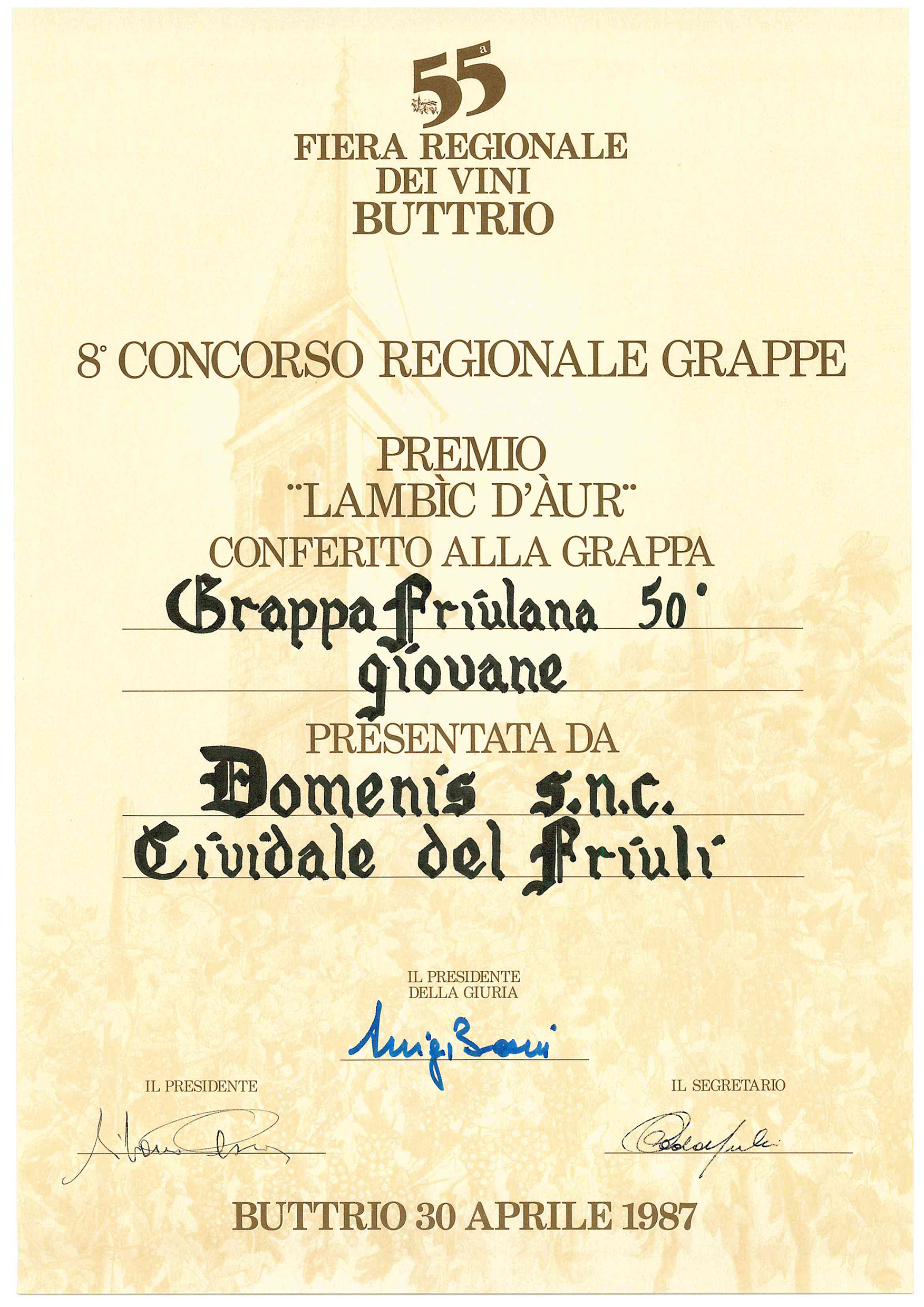 Fiera Regionale dei Vini di Buttrio 1987 – Grappa Friulana 50° giovane