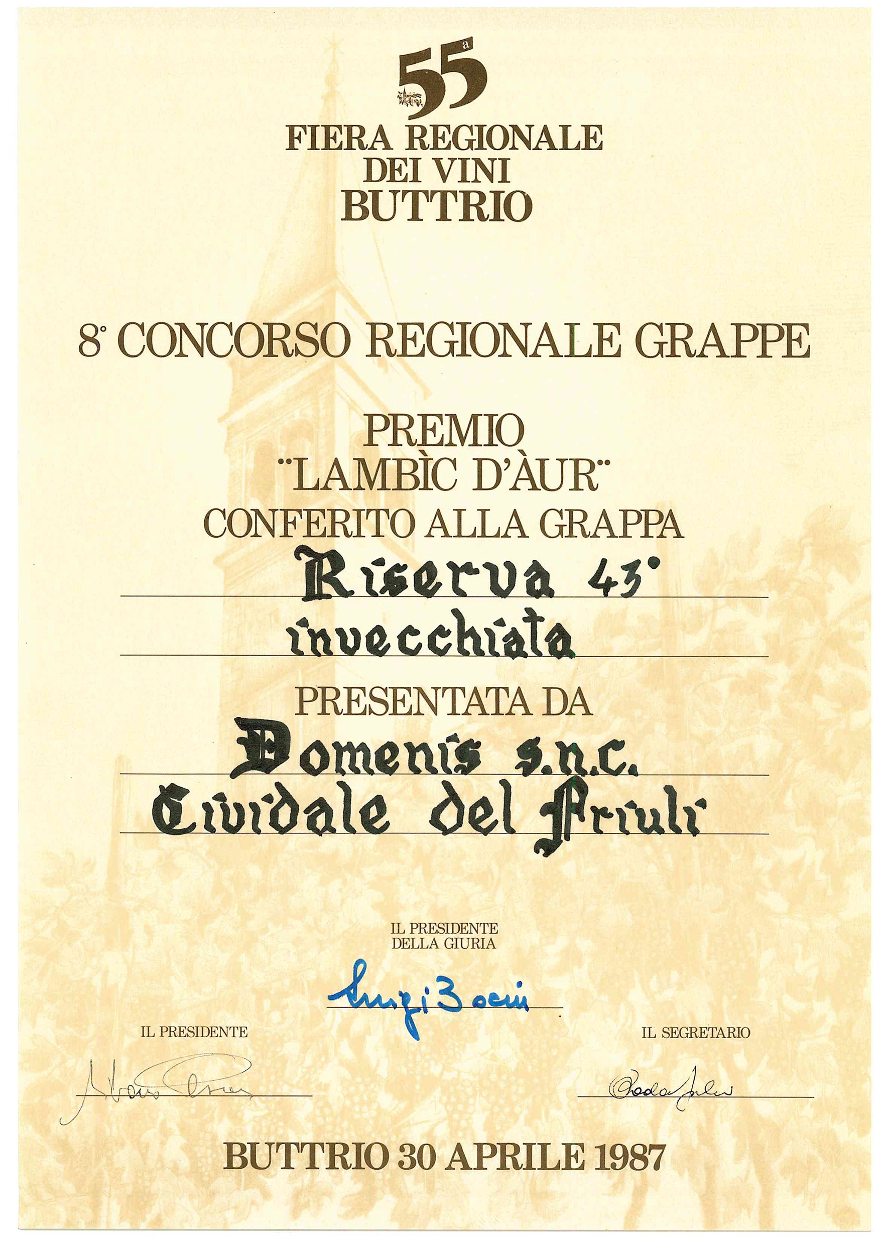 Fiera Regionale dei Vini di Buttrio 1987 – Grappa Riserva 43° invecchiata