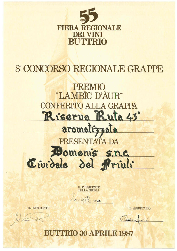 Fiera Regionale dei Vini di Buttrio 1987 - Grappa Riserva Ruta 43° aromatizzata