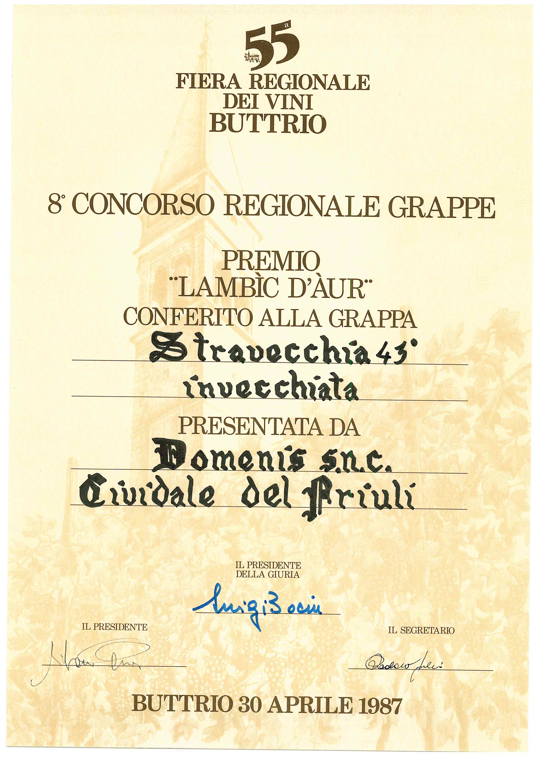 Fiera Regionale dei Vini di Buttrio 1987 – Grappa Stravecchia 43° Invecchiata