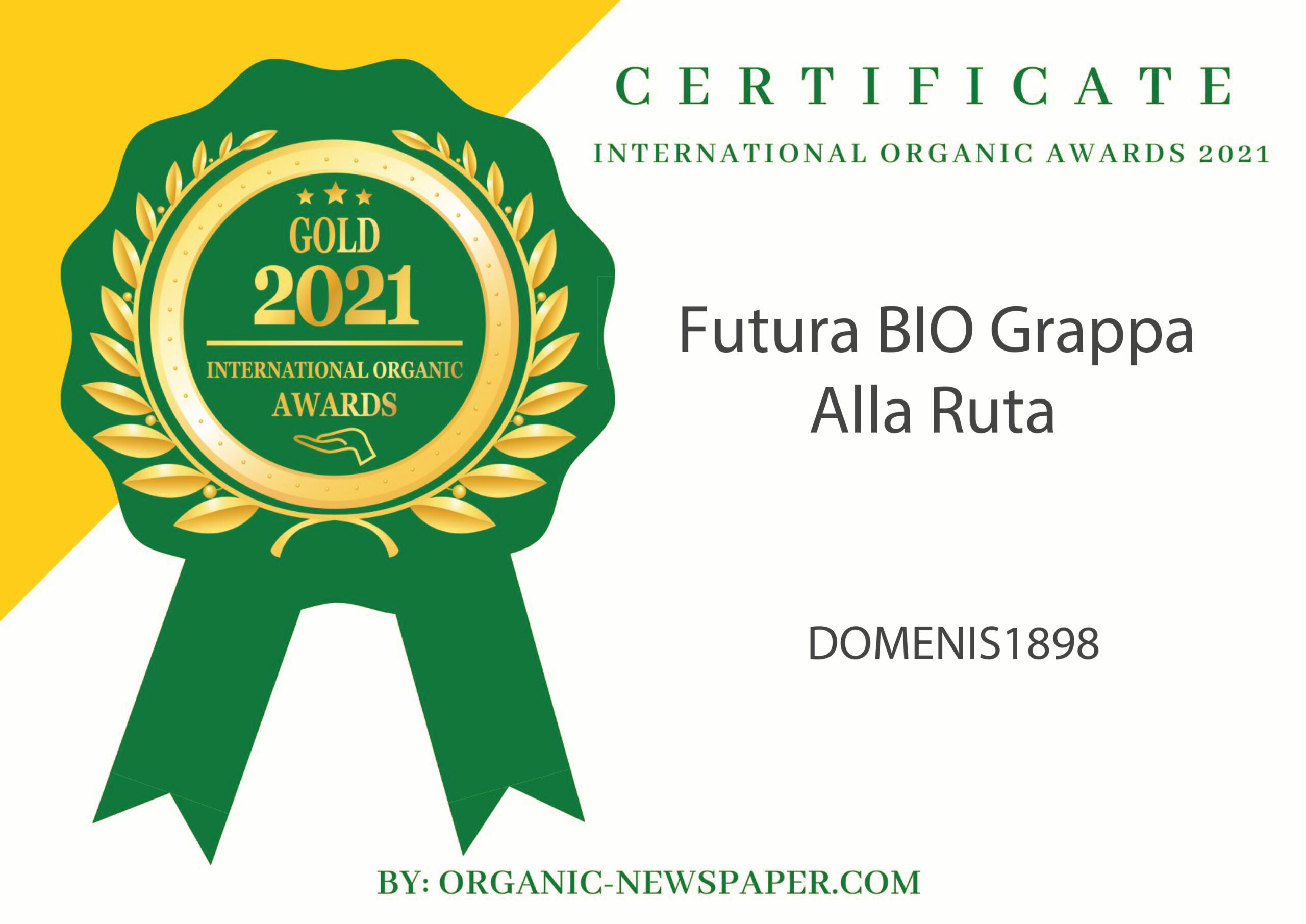 International Organic Awards 2021 – Gold Winner – Futura BIO Grappa Alla Ruta
