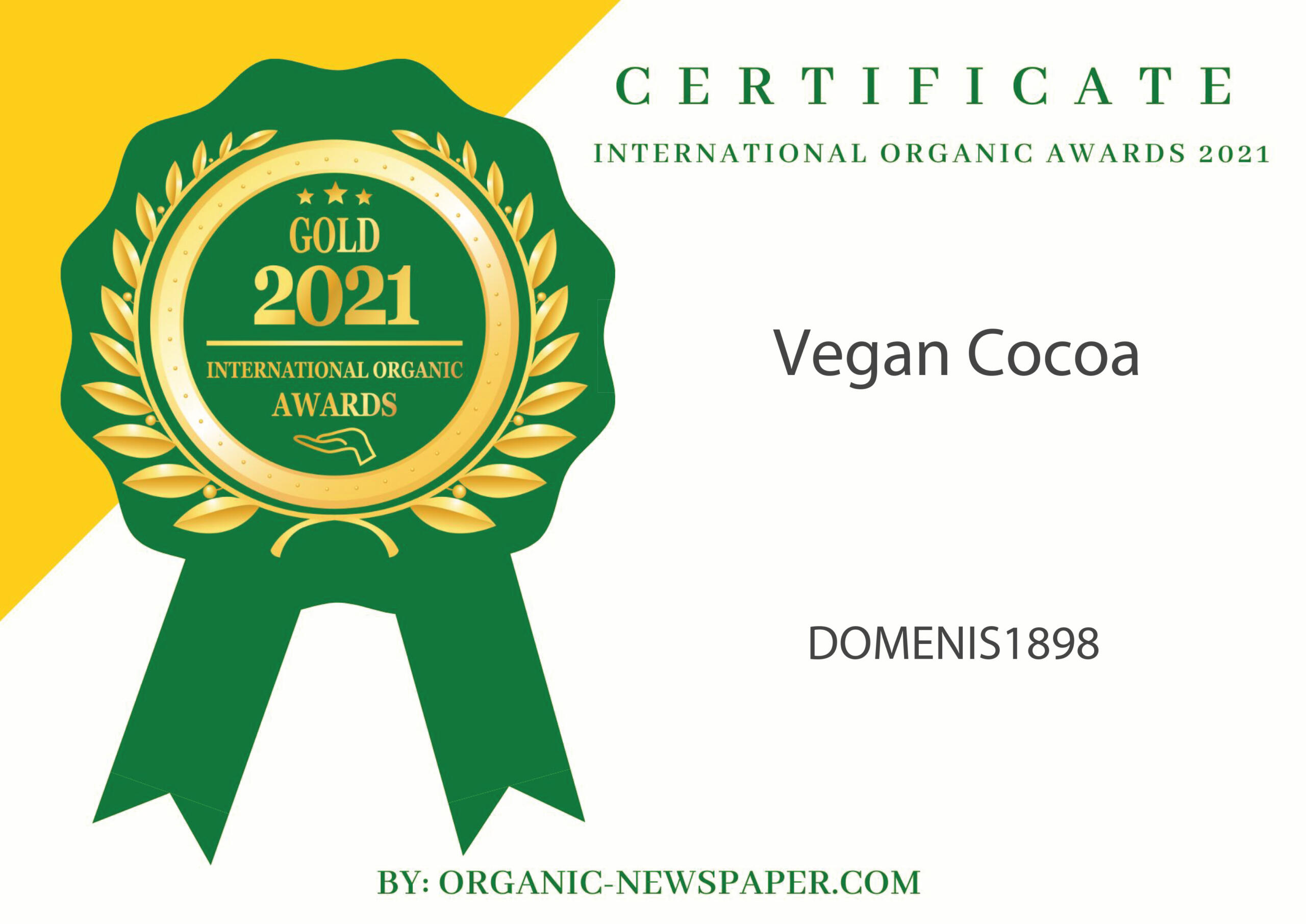 International Organic Awards 2021 – Gold Winner – Vegan Cocoa