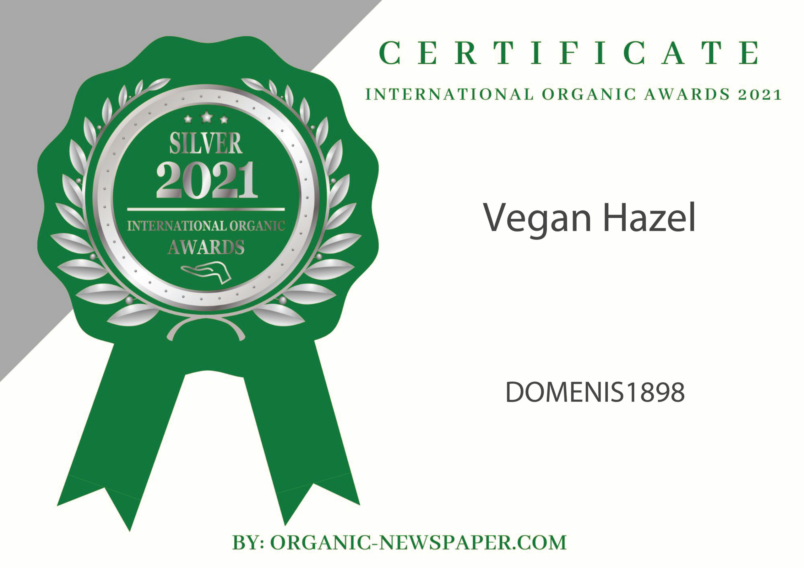 International Organic Awards 2021 – Silver Winner – Vegan Hazel