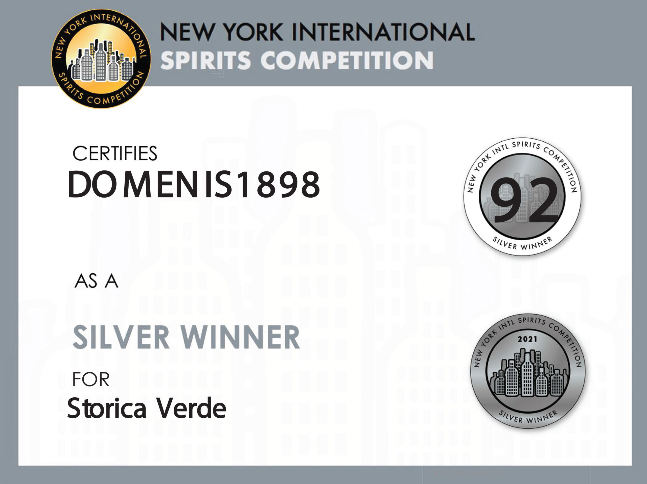 New York Intl Spirits Competition 2021 – Silver Winner – Storica Verde