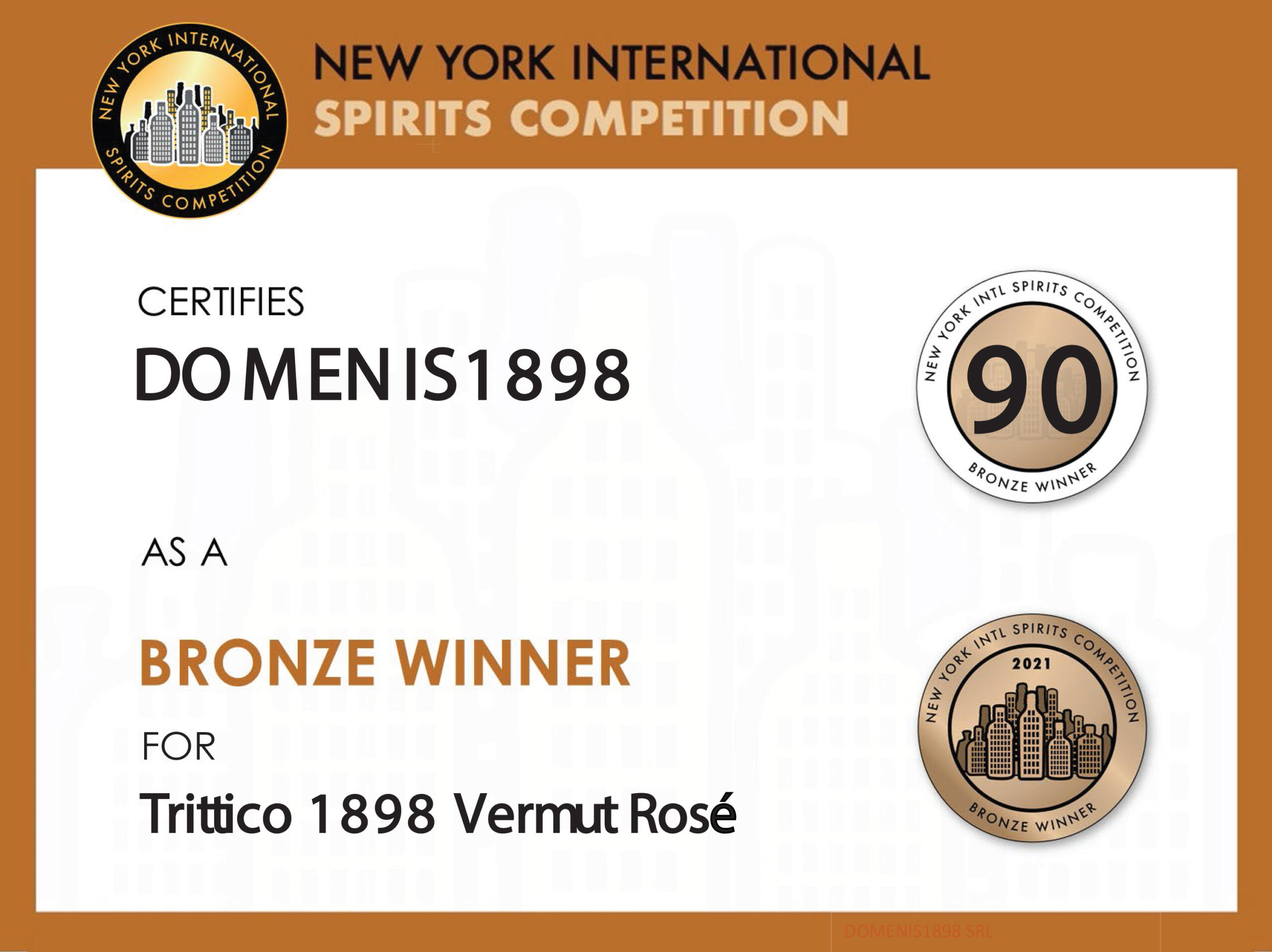 New York Intl. Spirits Competition 2021 – Bronze Winner – Trittico 1898 Vermut Rosé