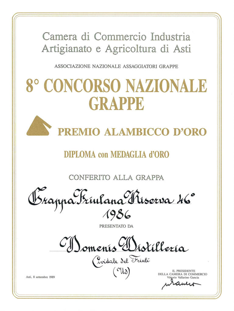 Premio Alambicco d'Oro 1989 - Grappa Friulana Riserva 46° 1986