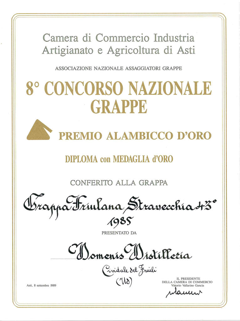 Premio Alambicco d'Oro 1989 - Grappa Friulana Stravecchia 43° 1985