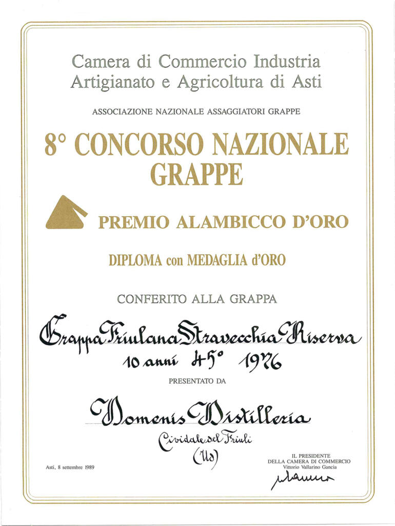 Premio Alambicco d'Oro 1989 - Grappa Friulana Stravecchia Riserva 10 anni 45° 1976