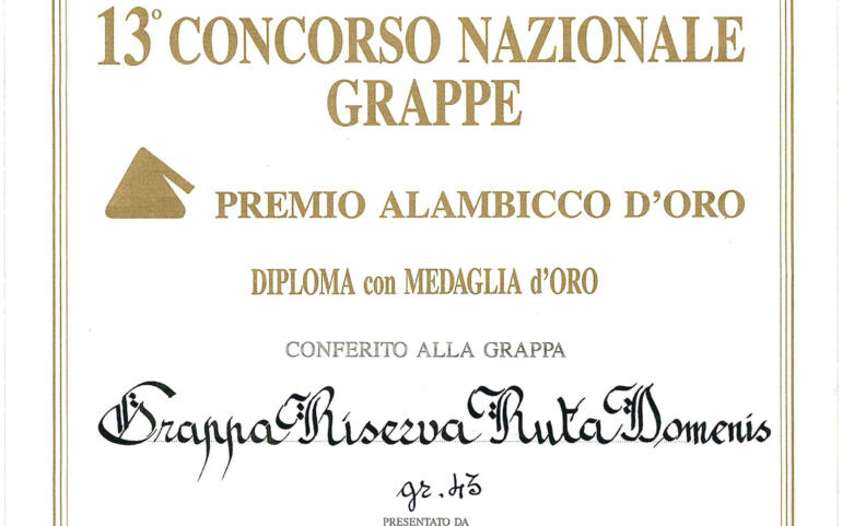 Premio Alambicco d’Oro 1995 – Grappa Riserva Ruta Domenis 43°