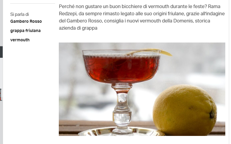 2020 dicembre 30: TriestePrima.it – I vermouth della Domenis tra i migliori d’Italia nell’indagine dei liquori del Gambero Rosso