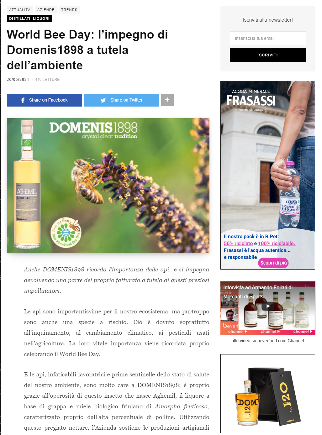 2021 maggio 20: Beverfood.com – World Bee Day: l’impegno di DOMENIS1898 a tutela dell’ambiente