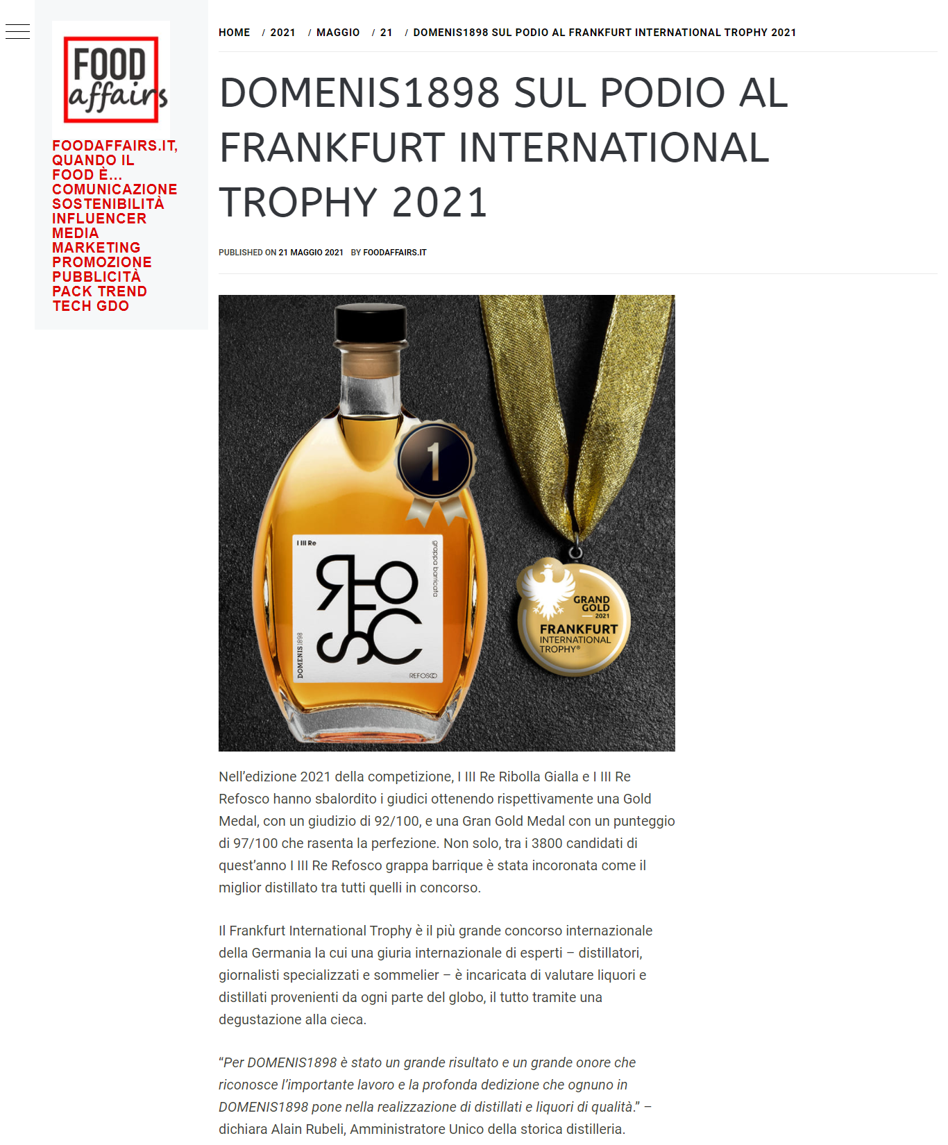 2021 maggio 21: Foodaffairs.it – DOMENIS1898 sul podio al Frankfurt International Trophy 2021