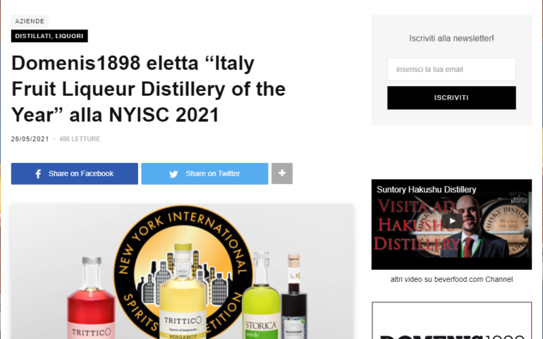 2021 maggio 26: Beverfood.com – DOMENIS1898 eletta “Italy Fruit Liqueur Distillery of the Year” alla NYISC 2021
