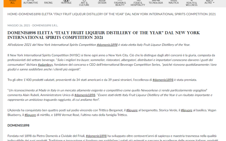 2021 maggio 26: Lulop.com – DOMENIS1898 eletta “Italy fruit liqueur distillery of the year” dal New York International Spirits Competition 2021