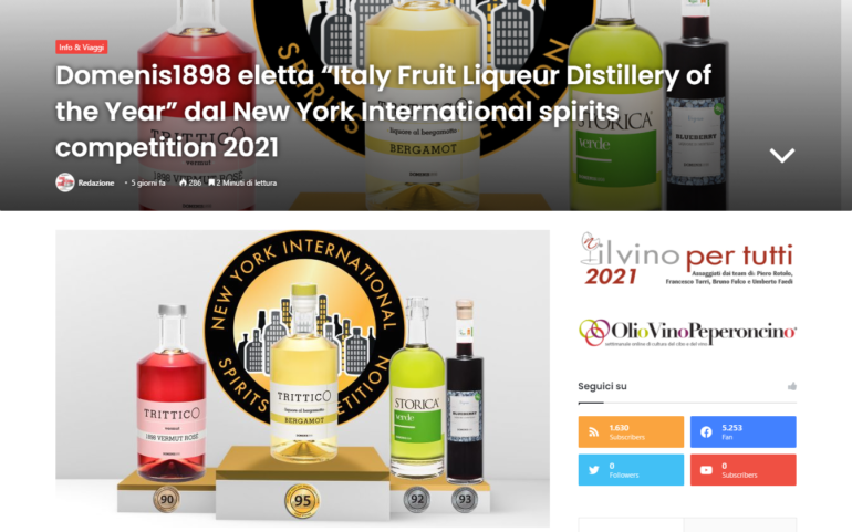 2021 maggio 28: EgNews.it – DOMENIS1898 eletta “Italy Fruit Liqueur Distillery of the Year” dal New York International Spirits Competition 2021