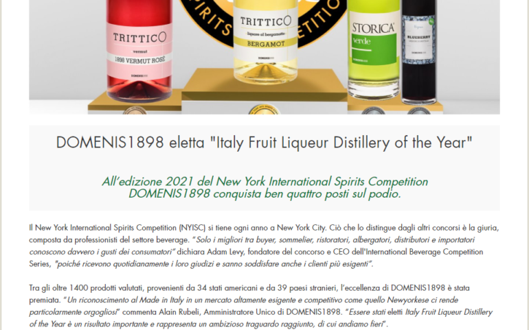 2021 maggio 31: Agrifoodfvg.it – DOMENIS1898 eletta “Italy Fruit Liqueur Distillery of the Year”