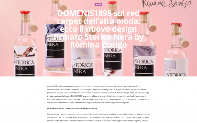 2021 luglio 09: Assodistil.it – DOMENIS1898 sul red carpet dell’alta moda: ecco il nuovo design firmato Storica Nera by Romina Dorigo
