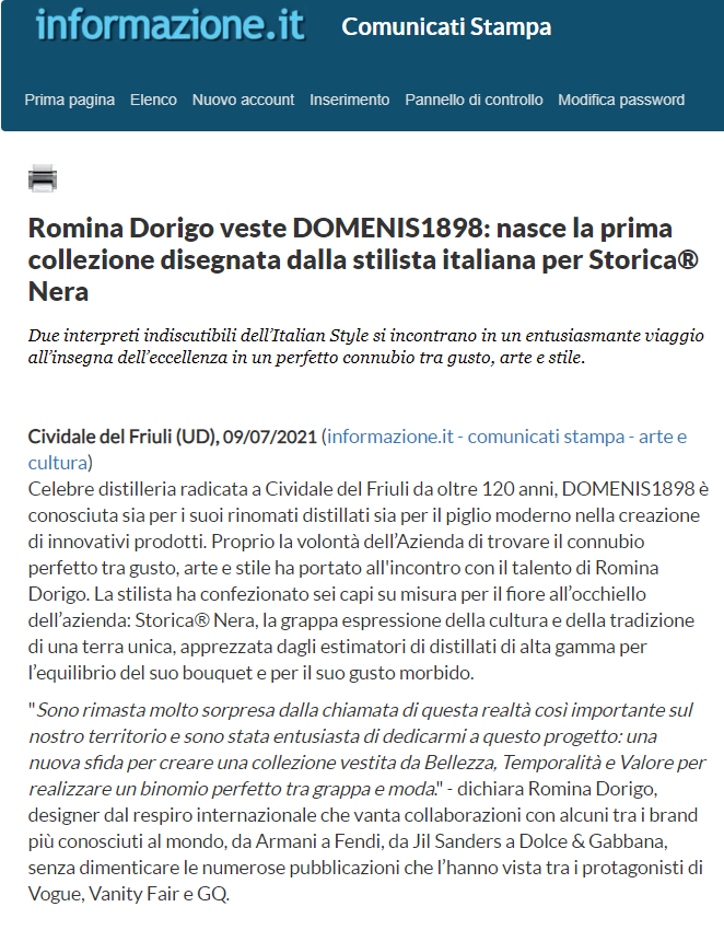 2021 luglio 09: Informazione.it – Romina Dorigo veste DOMENIS1898: nasce la prima collezione disegnata dalla stilista italiana per Storica® Nera