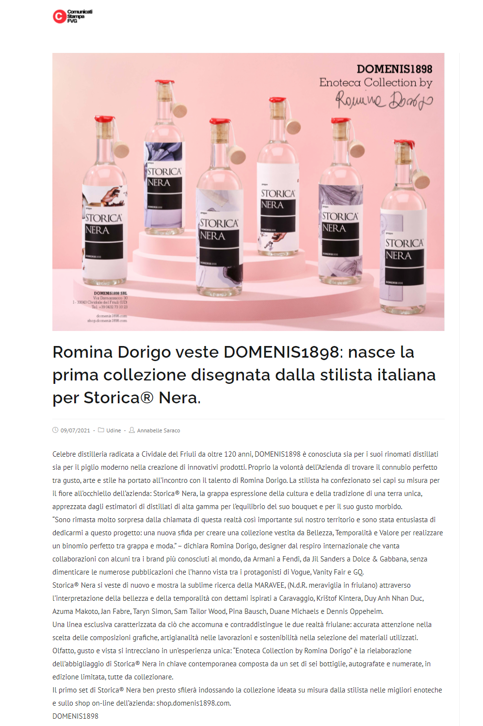 2021 luglio 09: Comunicati-stampa.fvg.it – Romina Dorigo veste DOMENIS1898: nasce la prima collezione disegnata dalla stilista italiana per Storica® Nera.