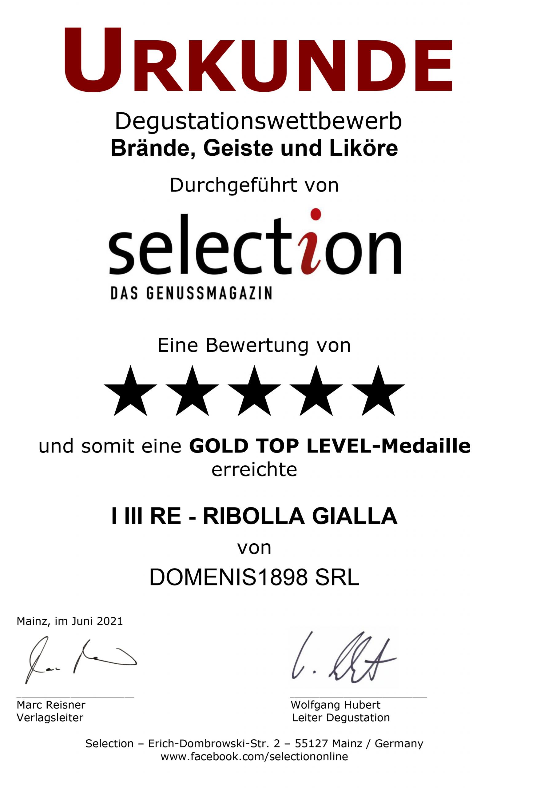 Selection aus Genussmagazin 2021 – Gold Top-Level Medal – I III Re Ribolla gialla