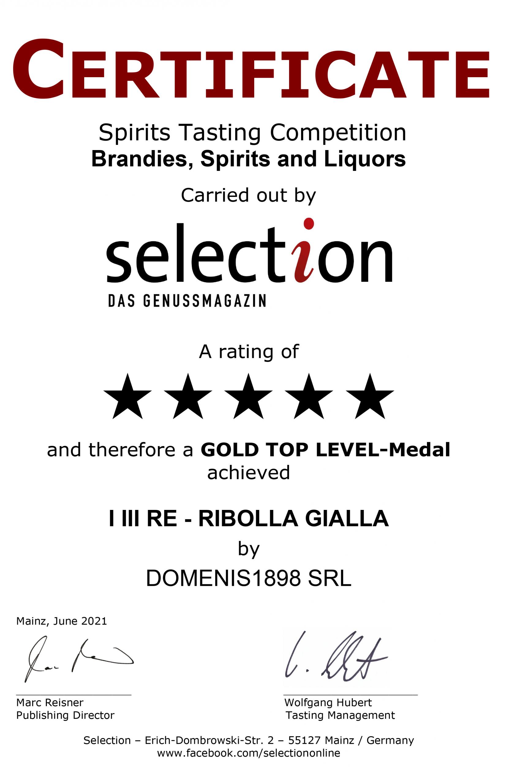 Selection aus Genussmagazin 2021 – Gold Top-Level Medal – I III Re Ribolla gialla
