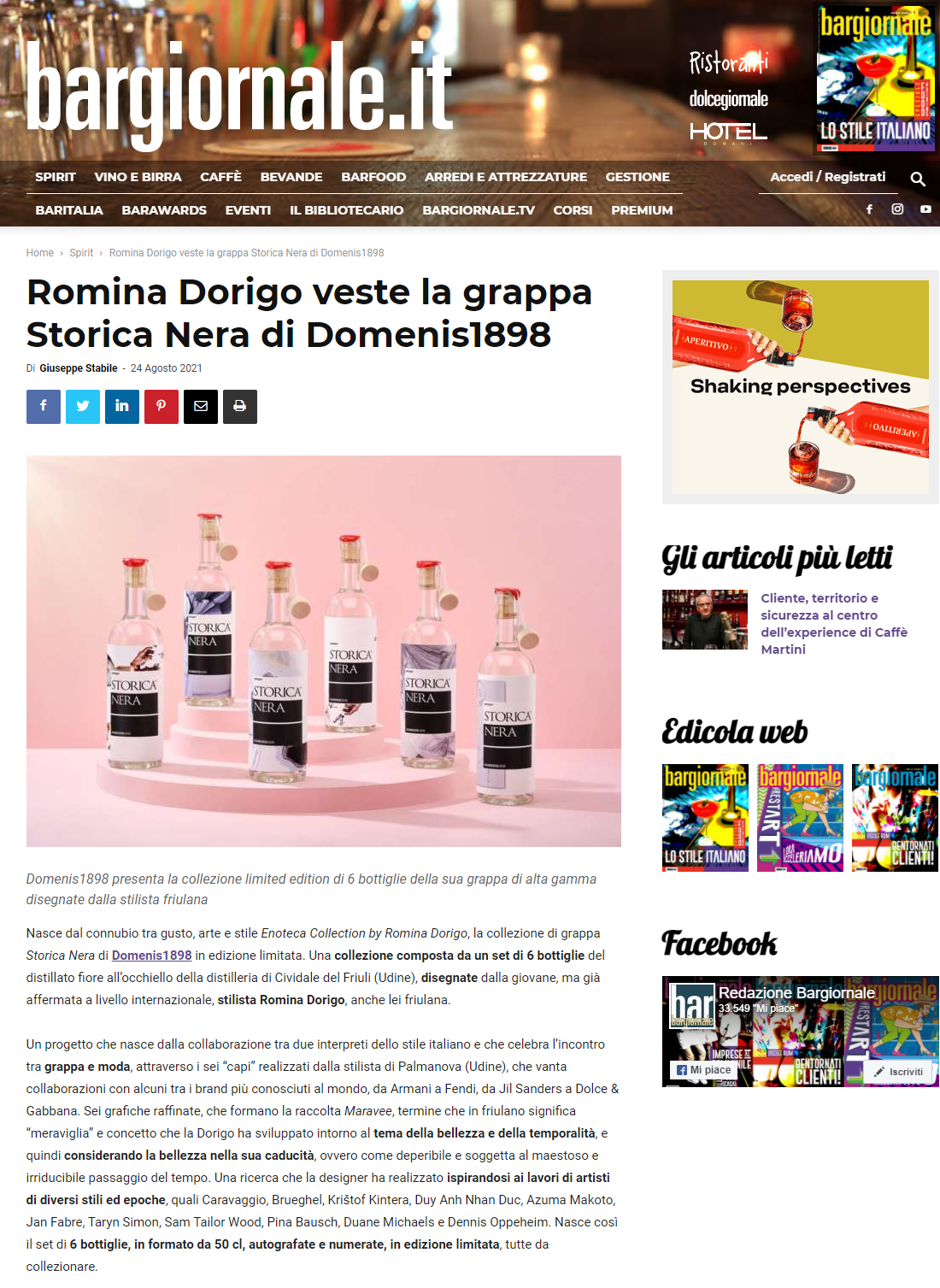 2021 agosto 24: Bargiornale.it – Romina Dorigo veste la grappa Storica Nera di DOMENIS1898