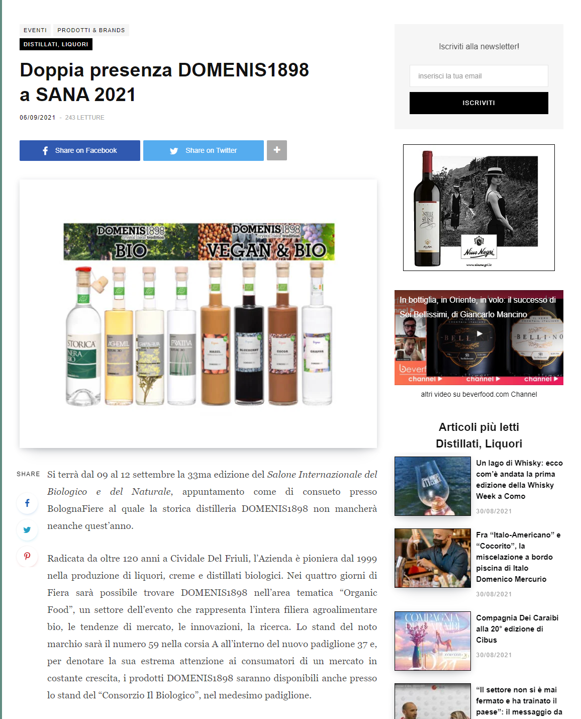 2021 settembre 06: Beverfood.com – Doppia presenza DOMENIS1898 a SANA 2021