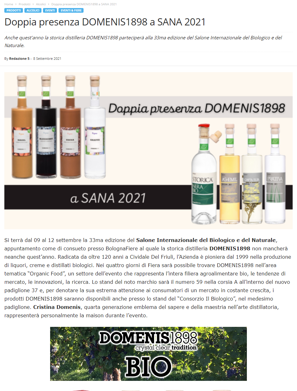 2021 settembre 08: Horecanews.it – Doppia presenza DOMENIS1898 a SANA 2021