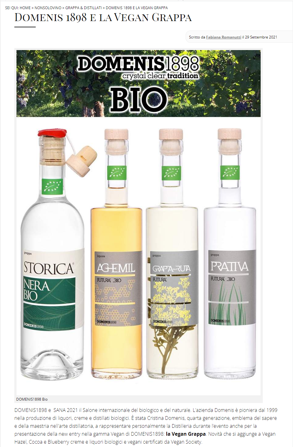 2021 settembre 29: Qbquantobasta.it – DOMENIS1898 e la Vegan Grappa