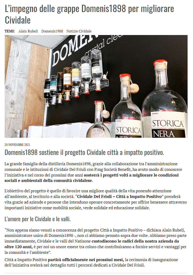 2021 novembre 20: Friulioggi.it – L’impegno delle grappe DOMENIS1898 per migliorare Cividale