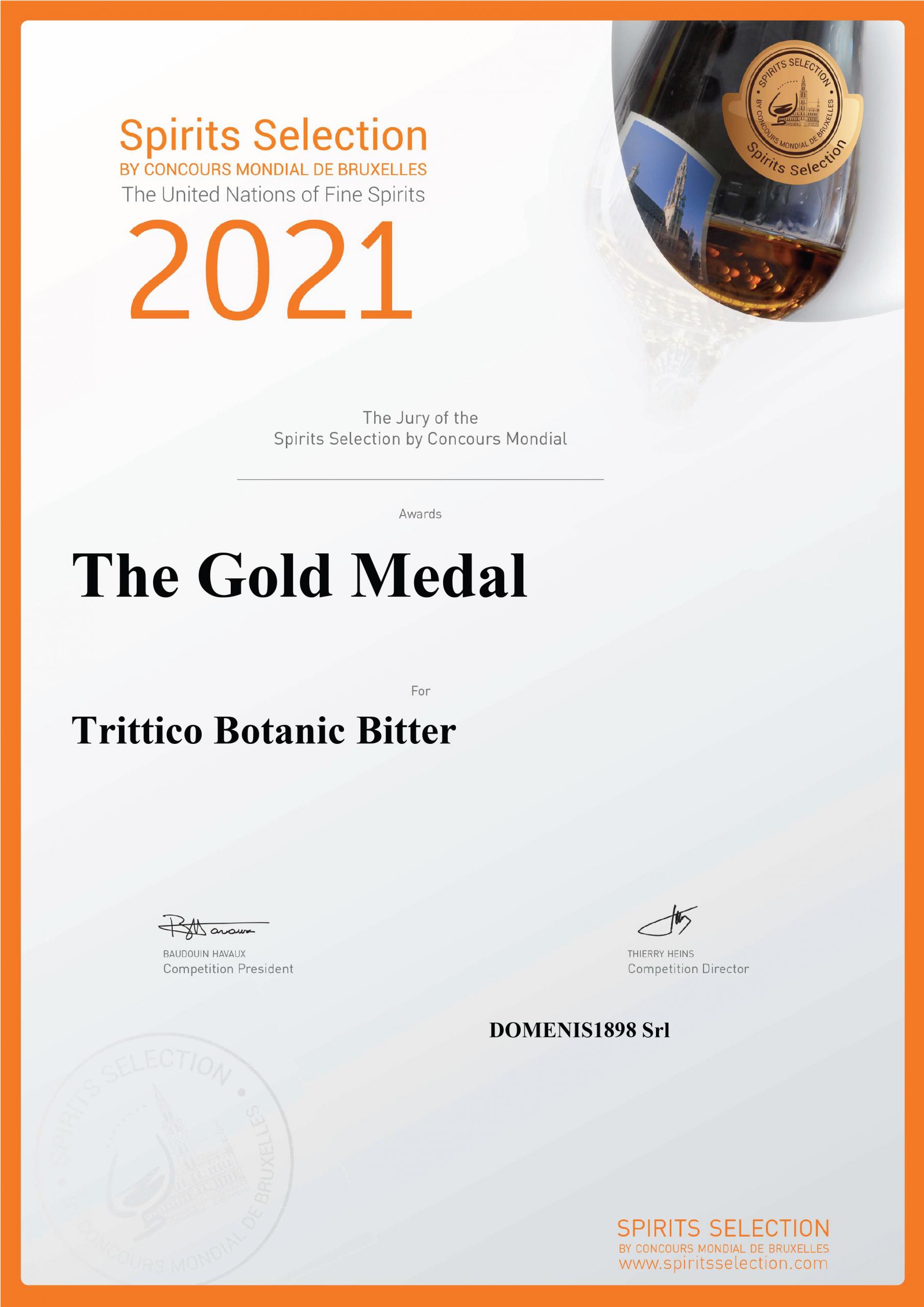 Spirits Selection by Concours Mondial de Bruxelles 2021 – Gold Medal – Trittico Botanic bitter