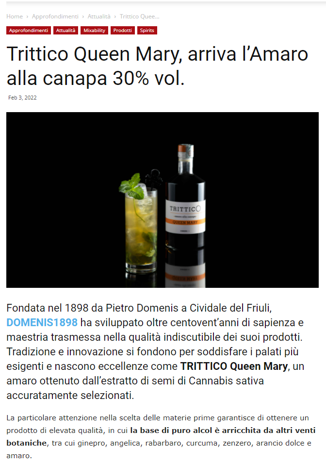 2022 febbraio 03: MixerPlanet.com – Trittico Queen Mary, arriva l’Amaro alla canapa 30% vol.