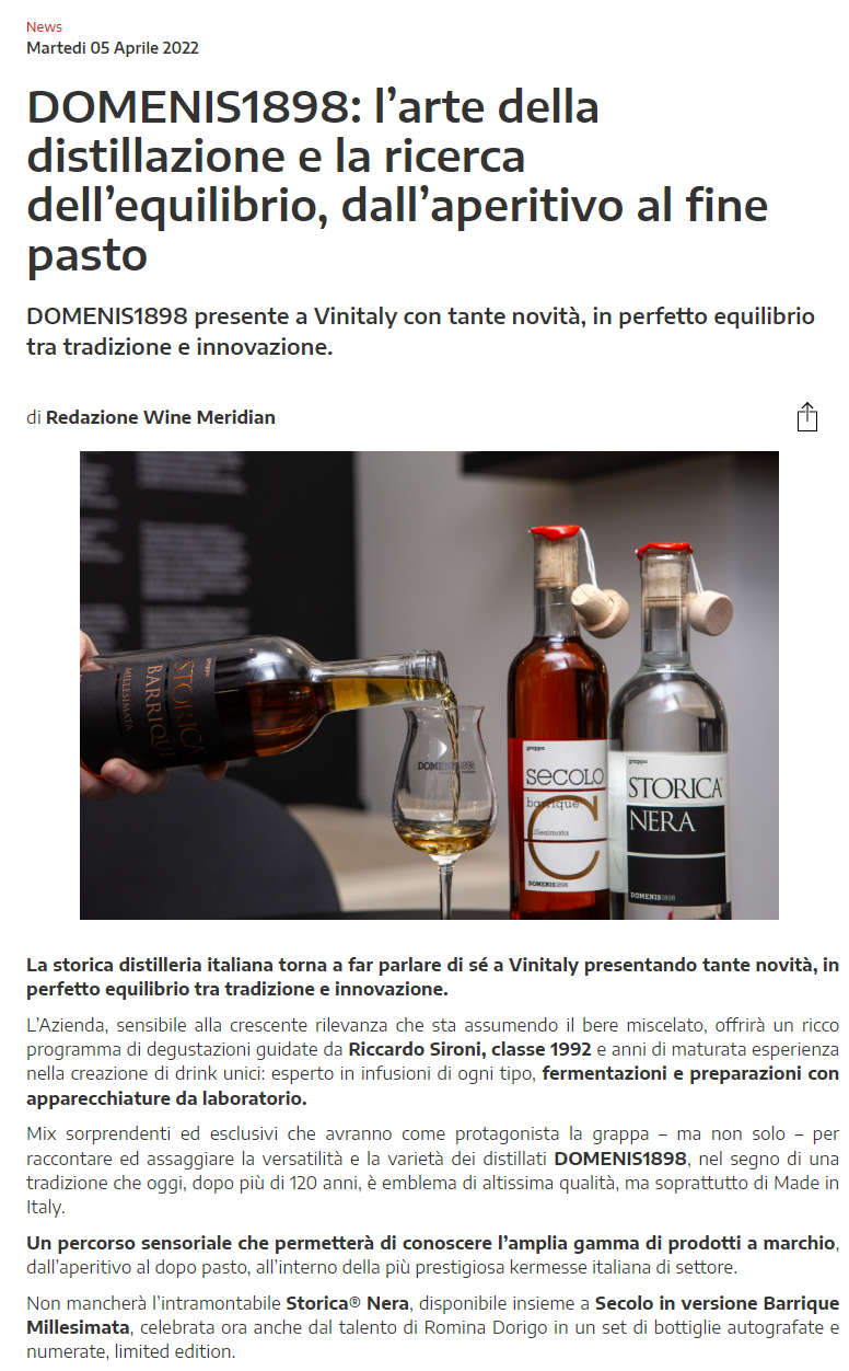 2022 aprile 05: WineMeridian.com – DOMENIS1898: l’arte della distillazione e la ricerca dell’equilibrio, dall’aperitivo al fine pasto