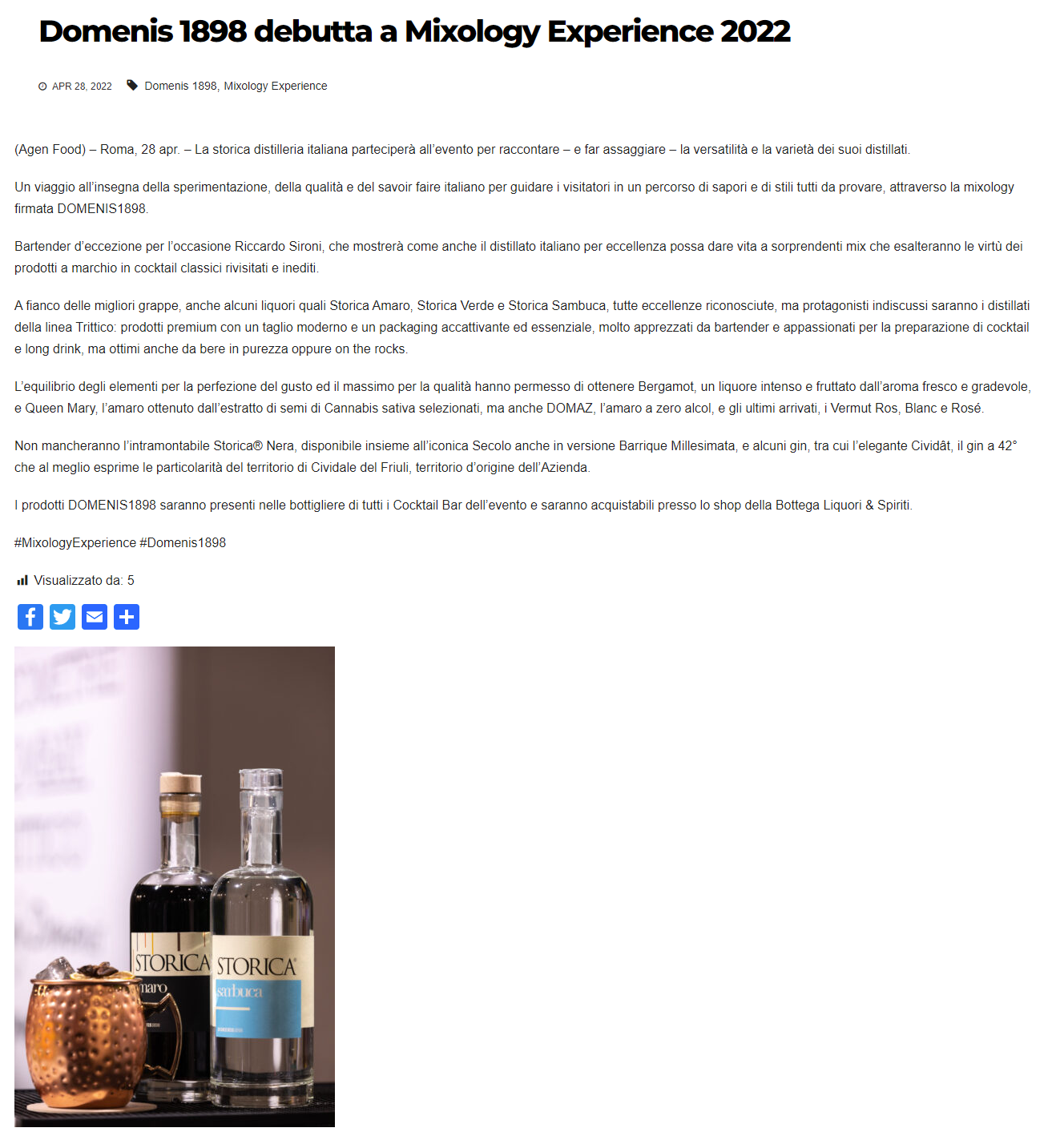 2022 aprile 28: Agenfood.it – DOMENIS1898 debutta a Mixology Experience 2022