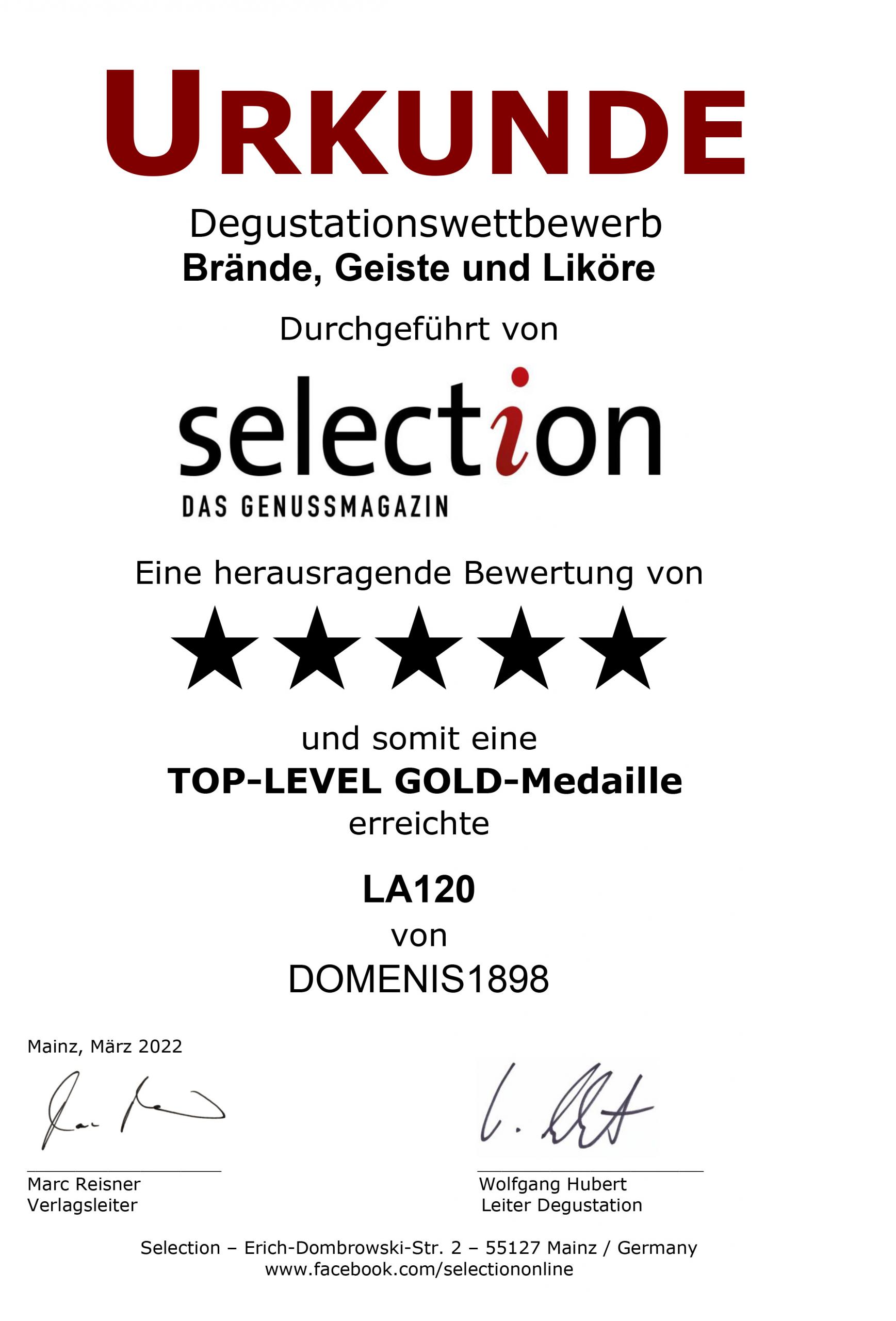 Selection aus Genussmagazin 2022 – Top-Level Gold Medal – La120