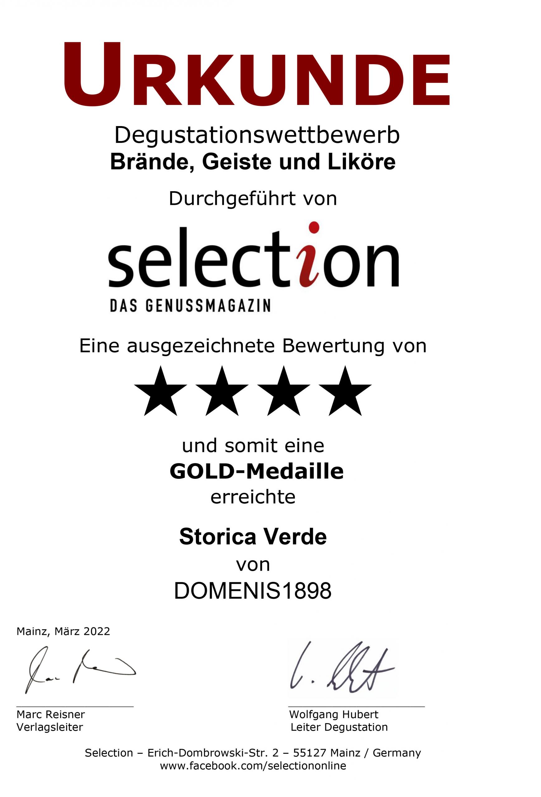 Selection aus Genussmagazin 2022 – Gold Medal – Storica Verde