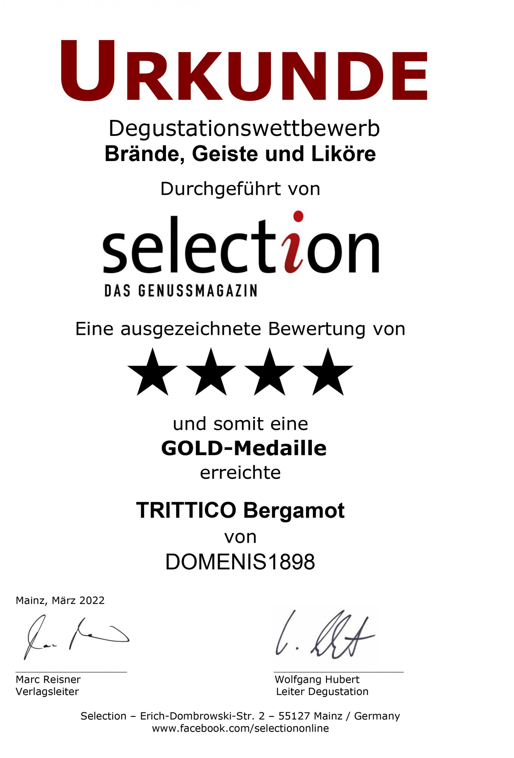 Selection aus Genussmagazin 2022 – Gold Medal – Trittico Bergamot