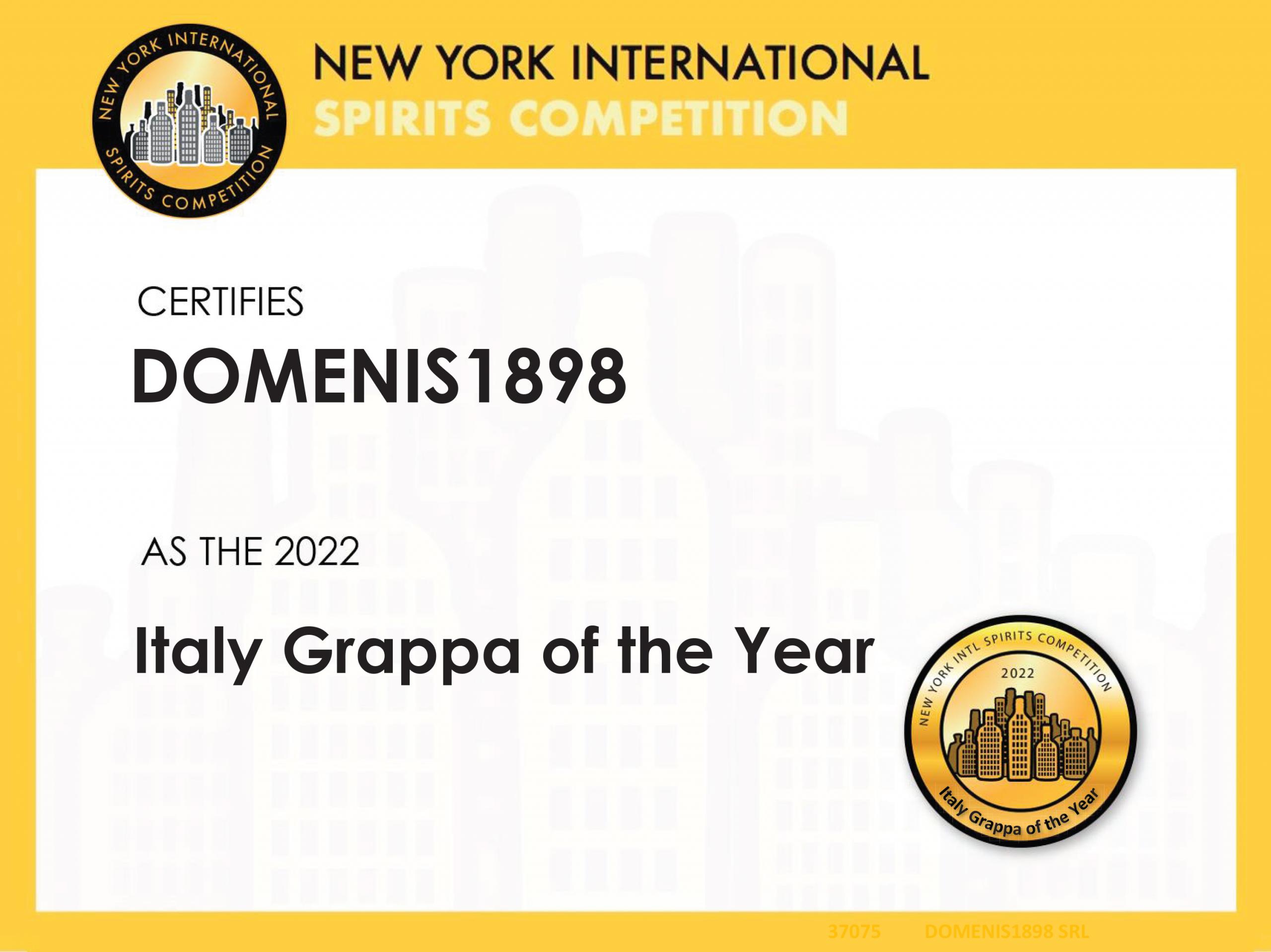 New York Intl Spirits Competition 2022 – Italy Grappa of the Year