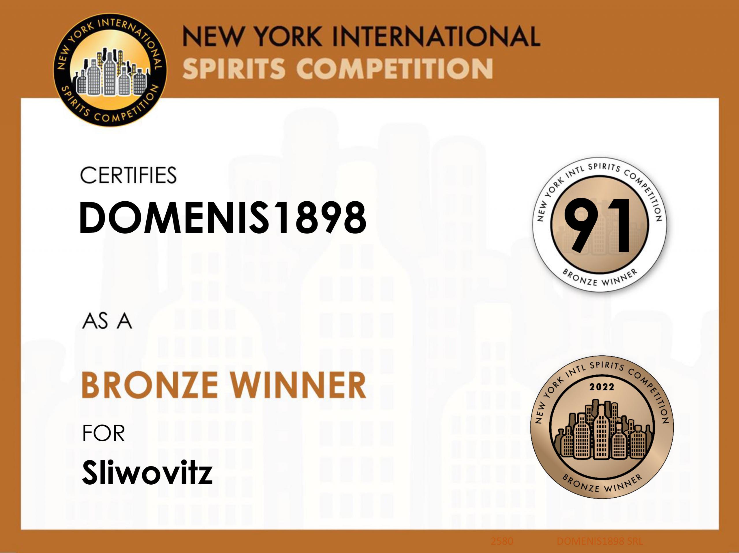 New York Intl Spirits Competition 2022 – Bronze Winner – Sliwovitz