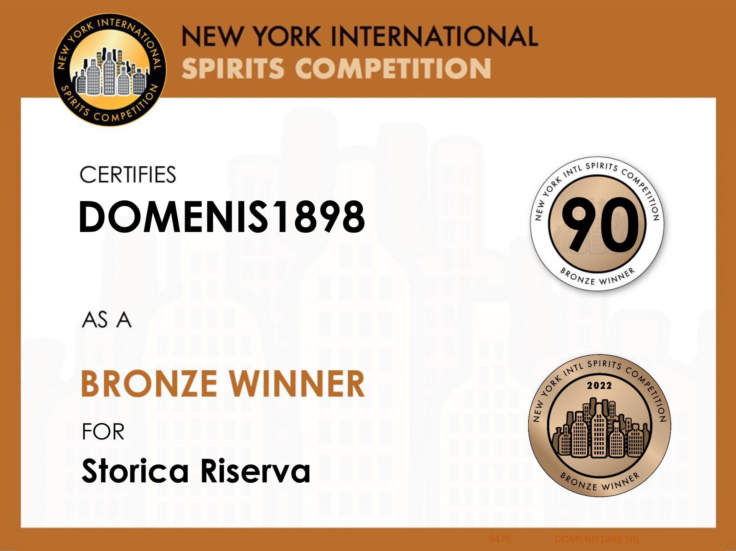 New York Intl Spirits Competition 2022 – Bronze Winner – Storica Riserva