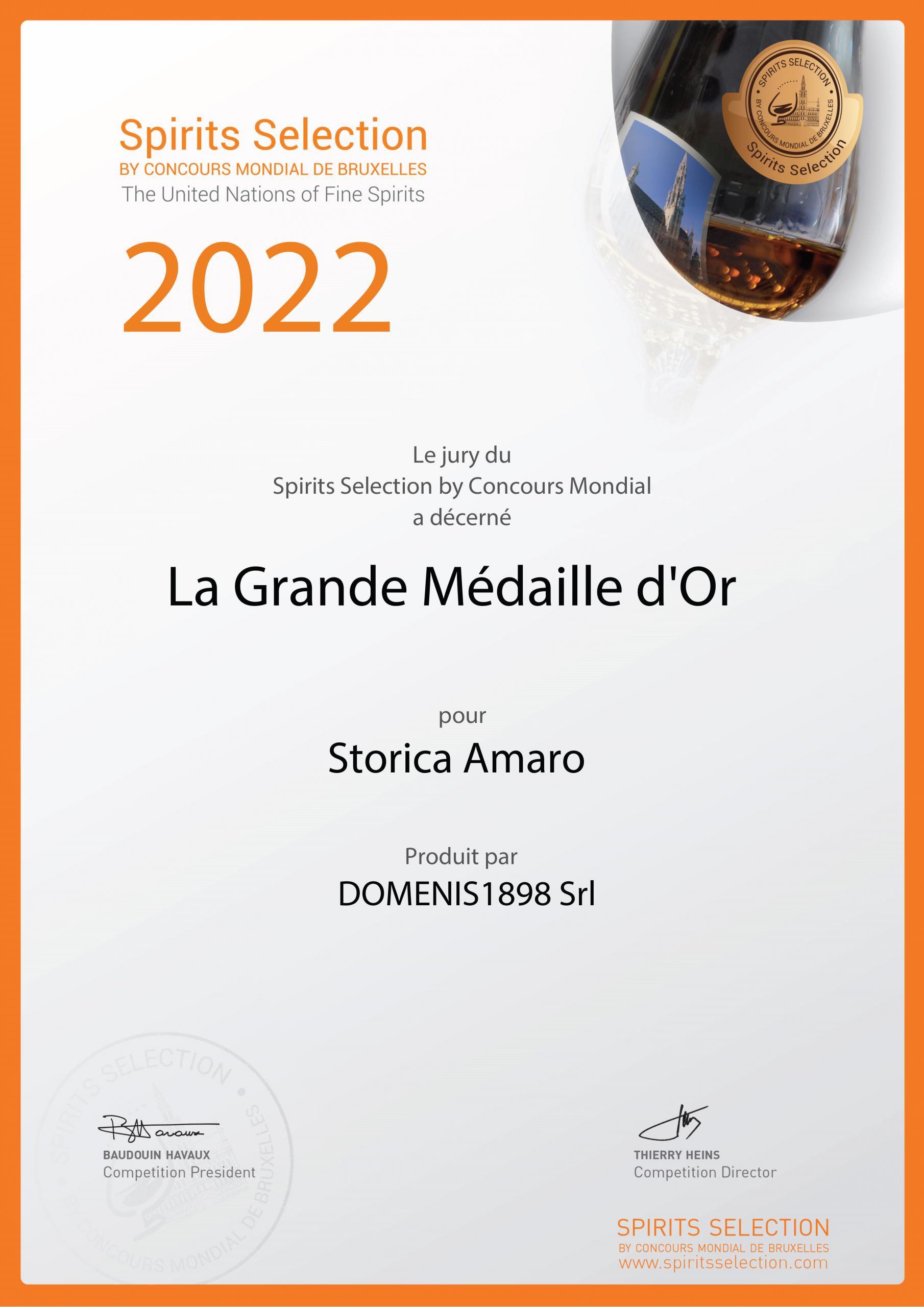 Spirits Selection by Concours Mondial de Bruxelles 2022 – Grand Gold Medal – Storica Amaro