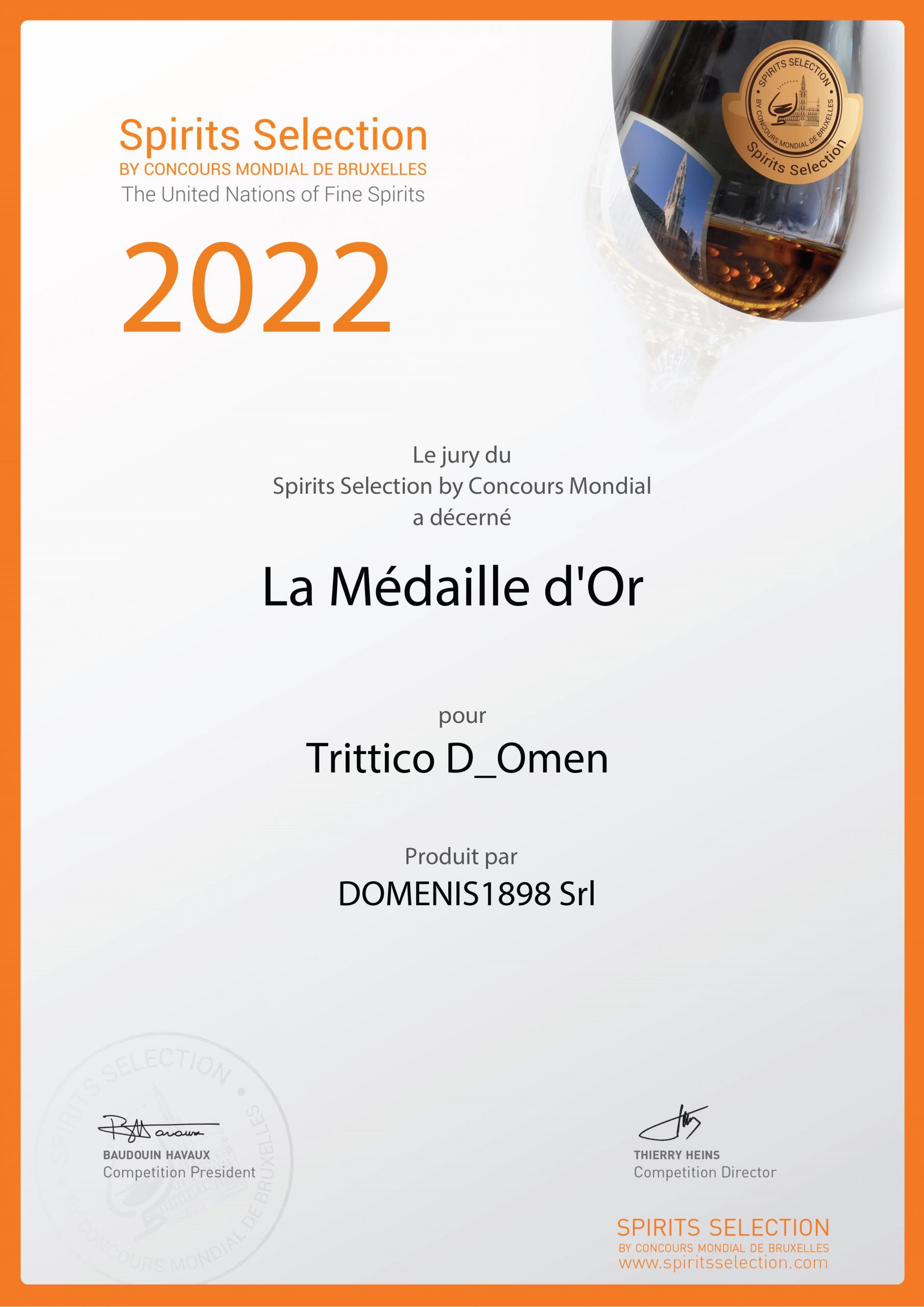 Spirits Selection by Concours Mondial de Bruxelles 2022 – Gold Medal – Trittico D_OMEN