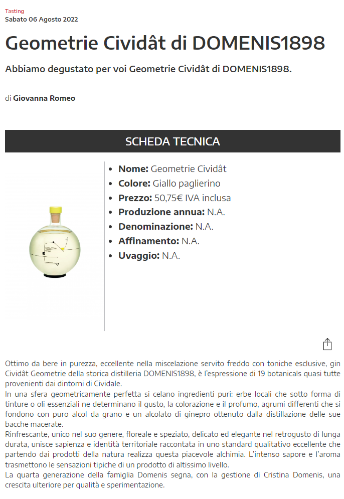 2022 agosto 06: WineMeridian.com – Geometrie Cividât di DOMENIS1898