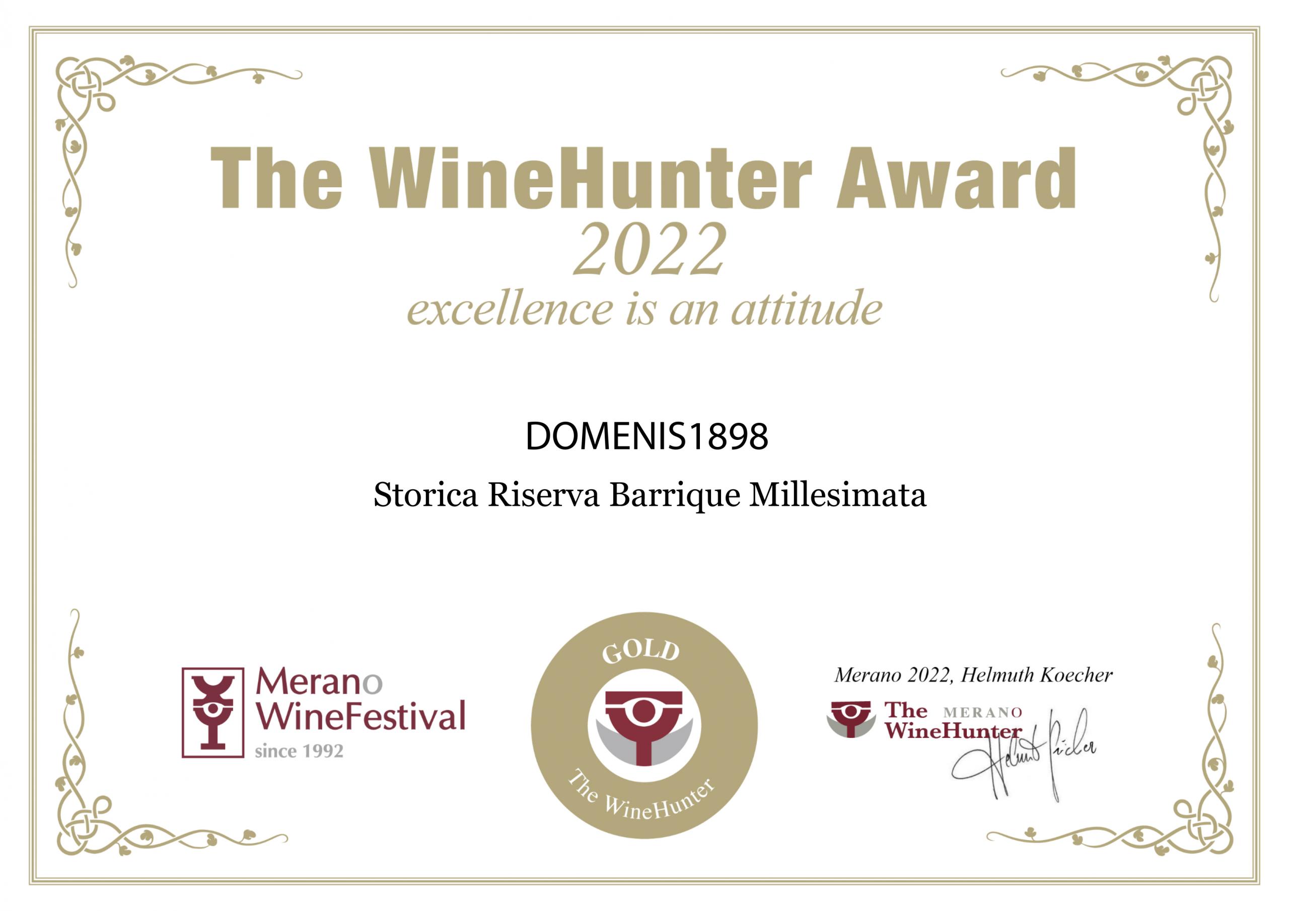 The WineHunter Award 2022 – Gold Award – Storica Riserva Barrique Millesimata