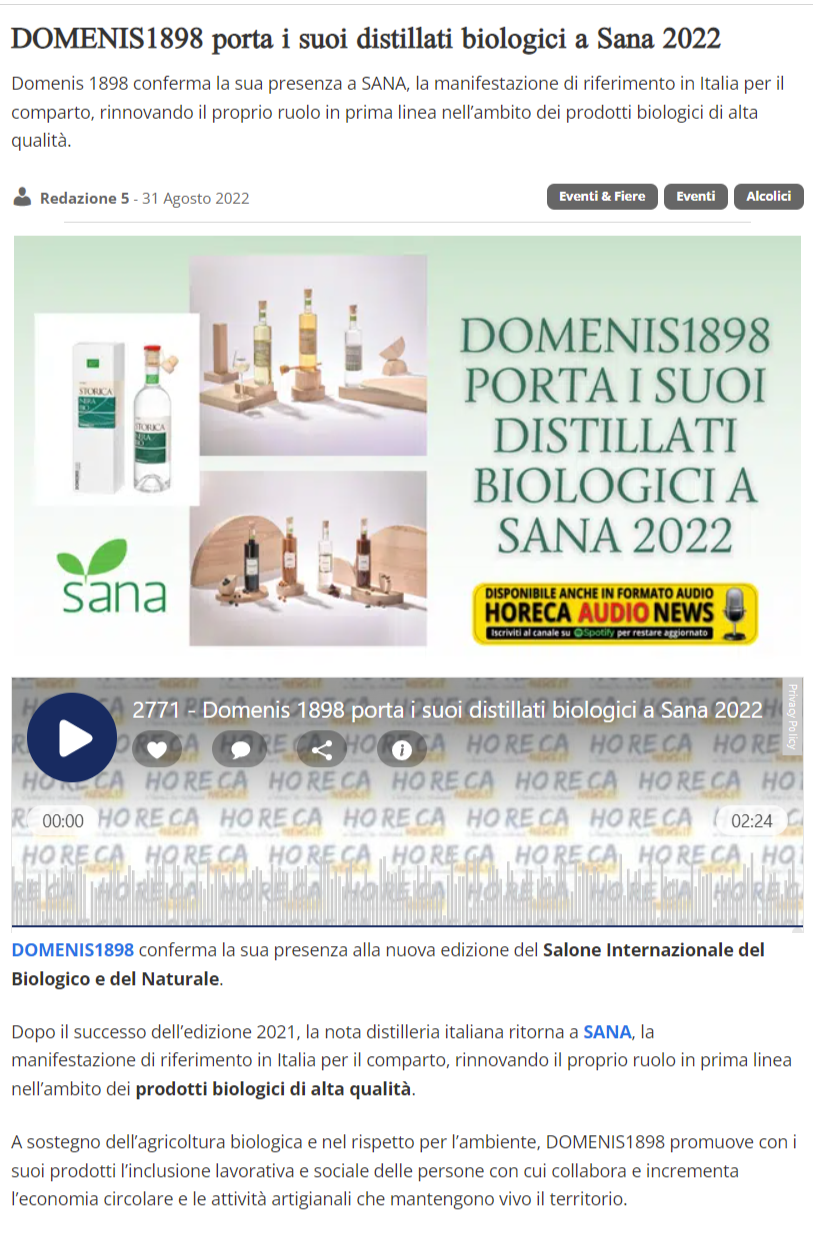 2022 agosto 31: HoReCanews.it – DOMENIS1898 porta i suoi distillati biologici a Sana 2022