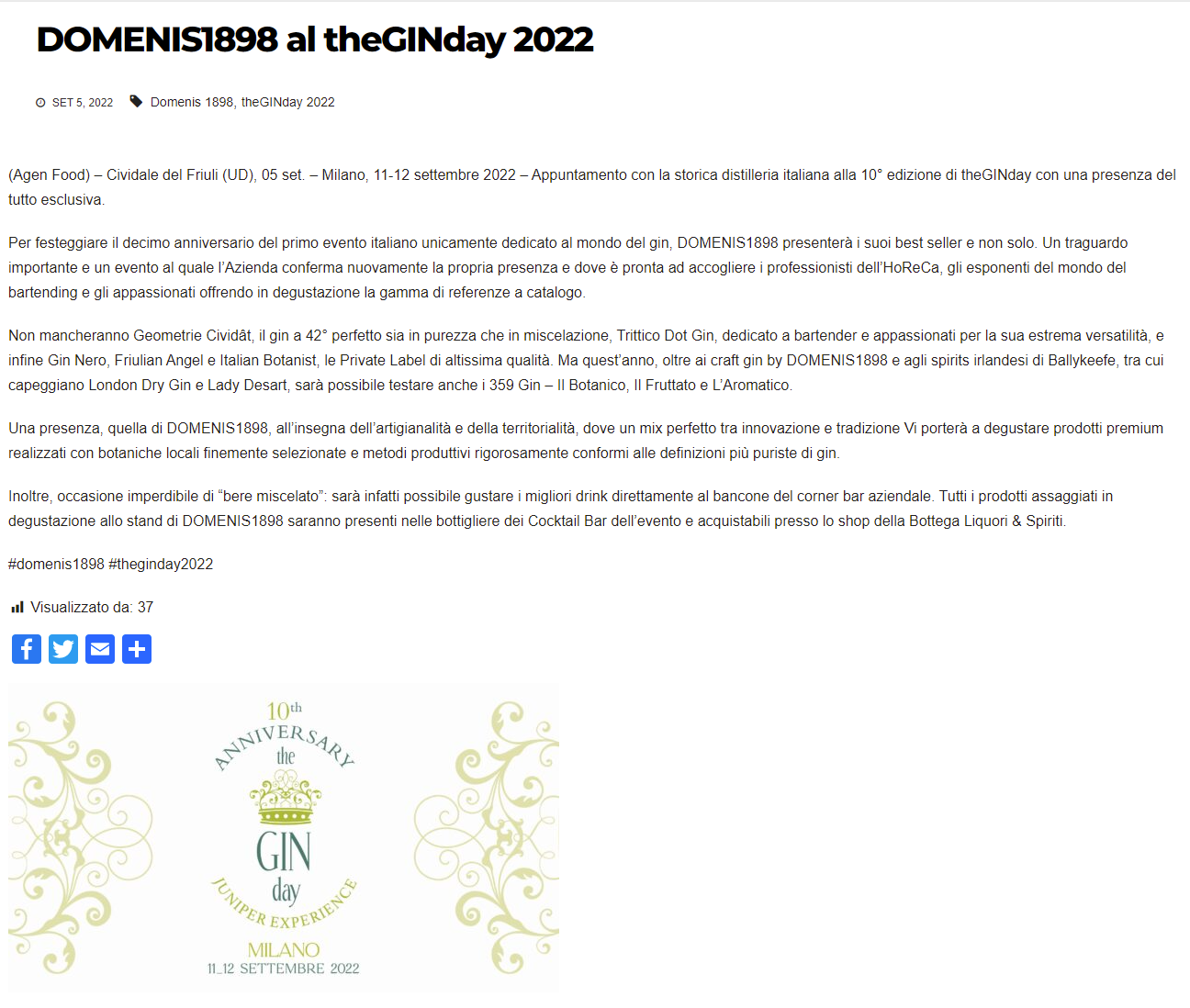 2022 settembre 05: Agenfood.it – DOMENIS1898 al theGINday 2022