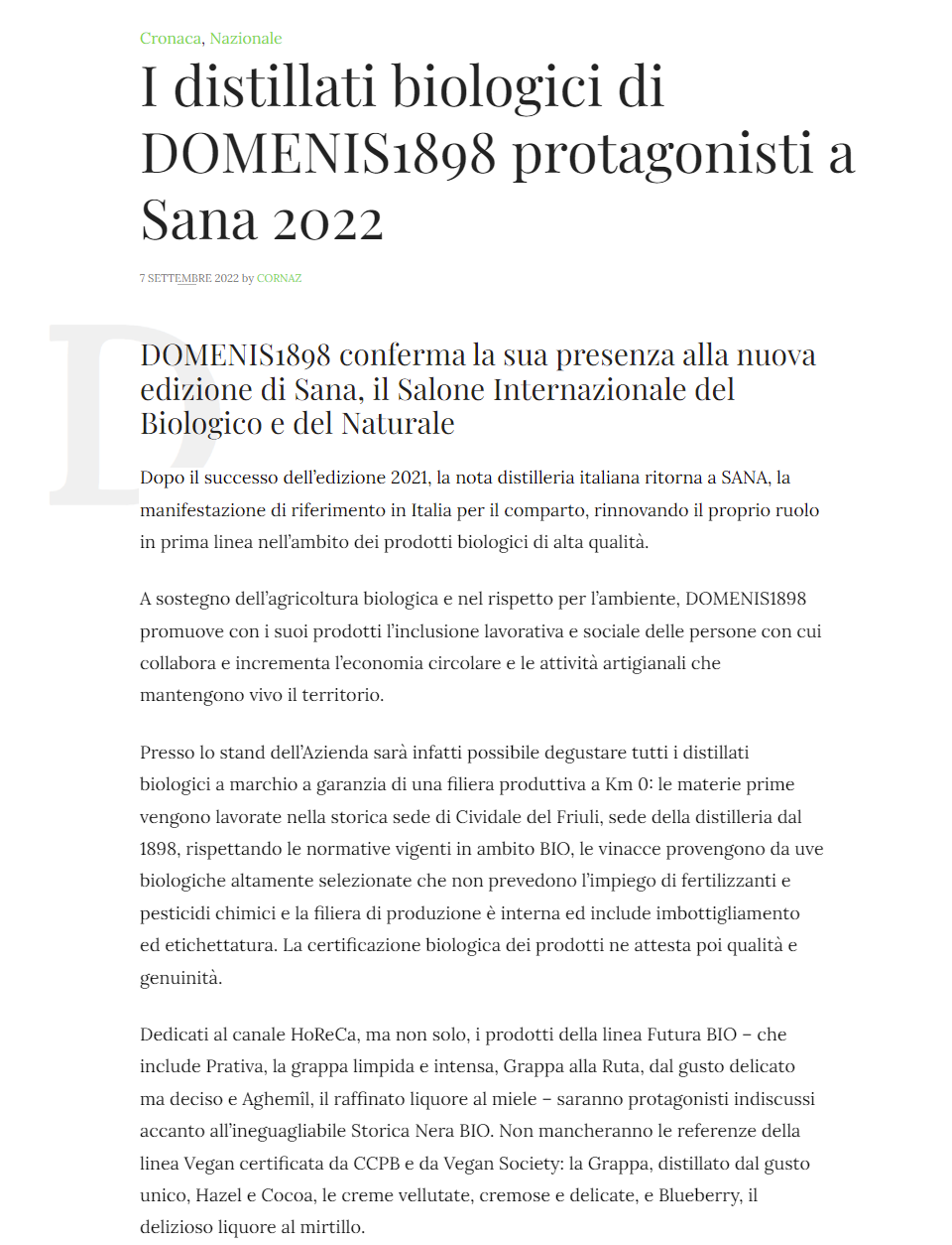 2022 settembre 07: Corrierenazionale.it – I distillati biologici di DOMENIS1898protagonisti a SANA 2022