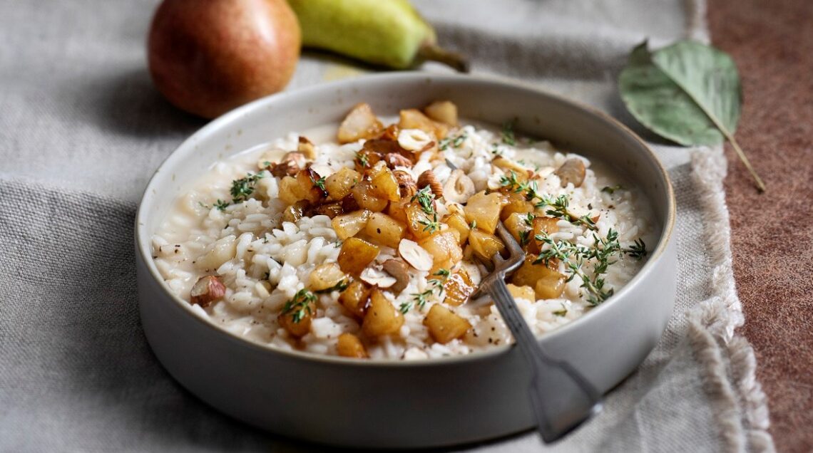 Risotto with pears, taleggio, hazelnuts and Neri Refosco